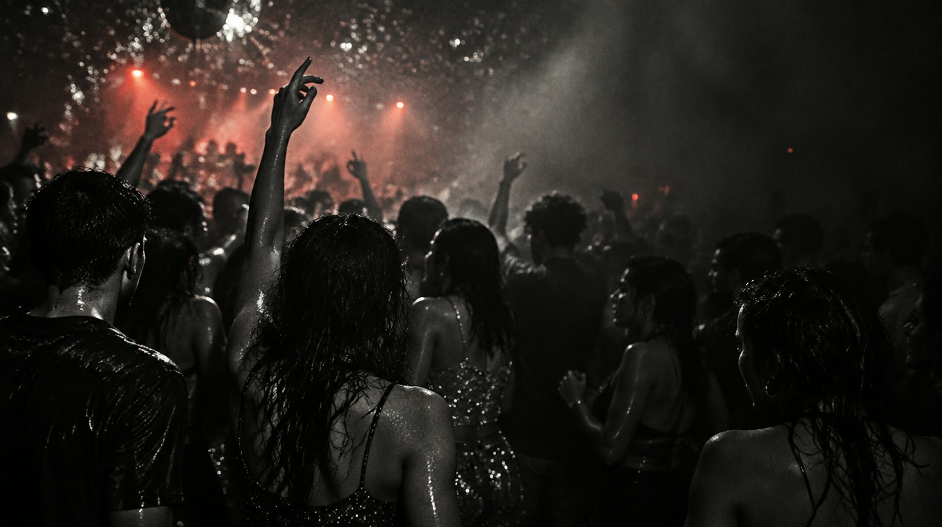 Dansers van achteren gezien in rood licht en haze